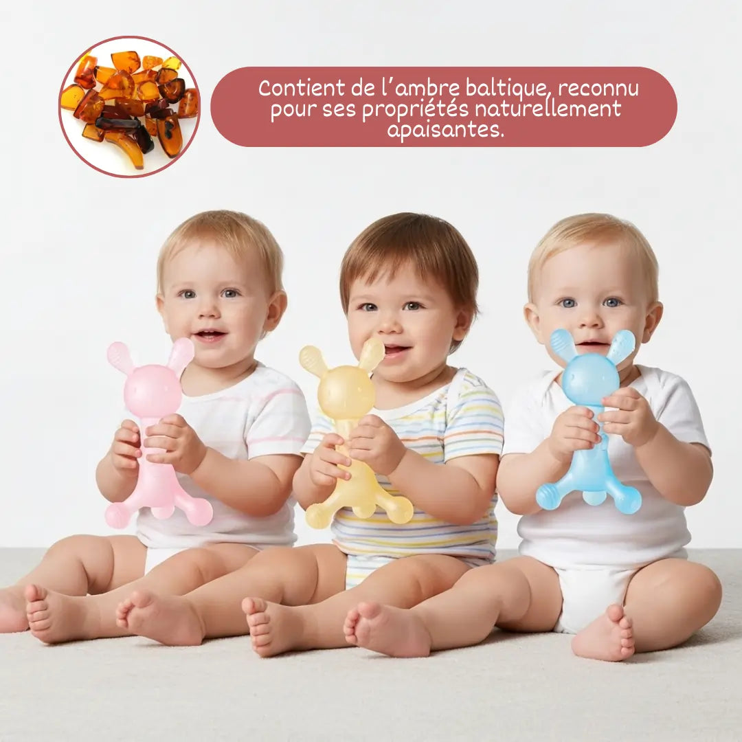 Dibly Amber - Anneau de dentition lapin en ambre baltique et caoutchouc naturel avec queue brosse à dents