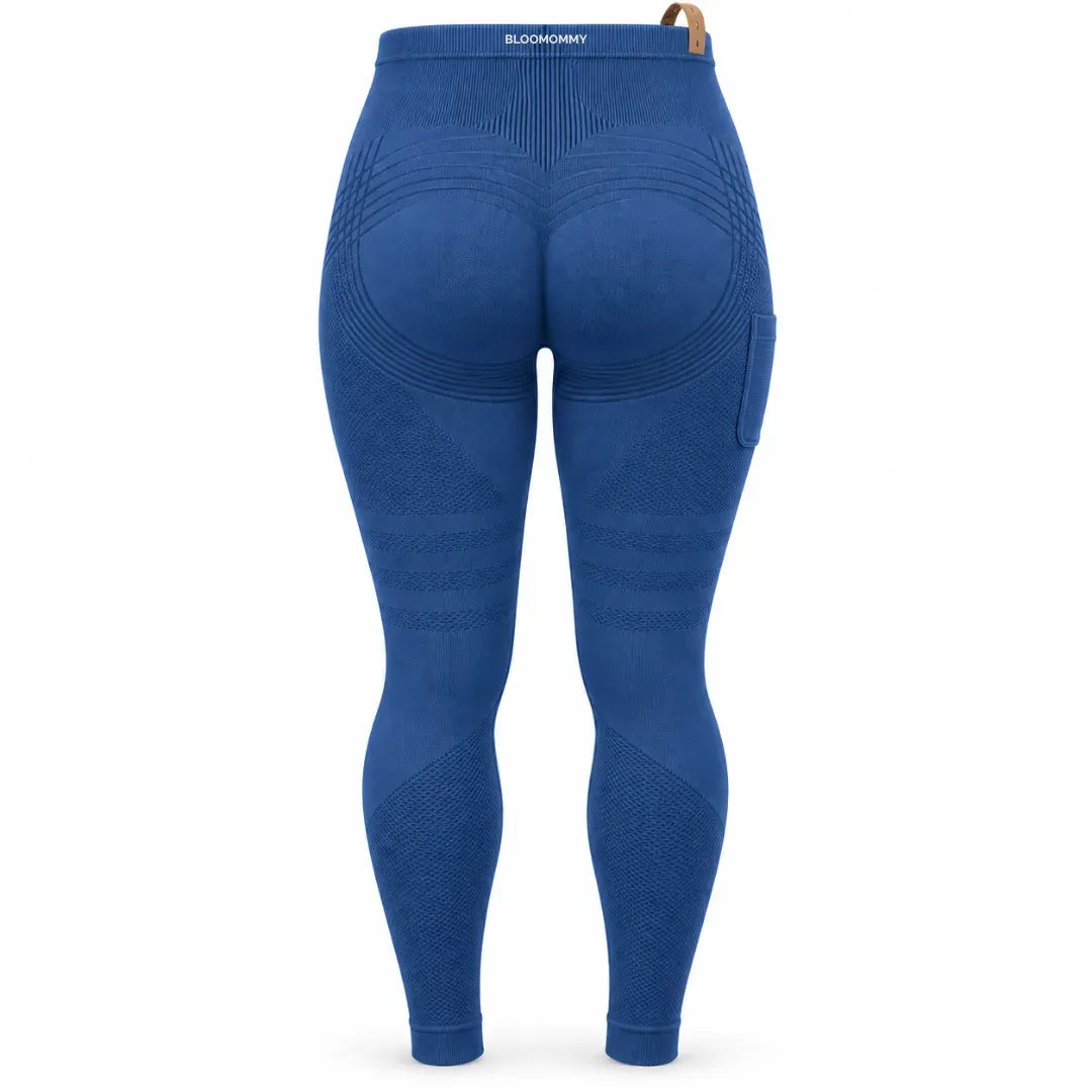 Blue maternity leggings, flat back