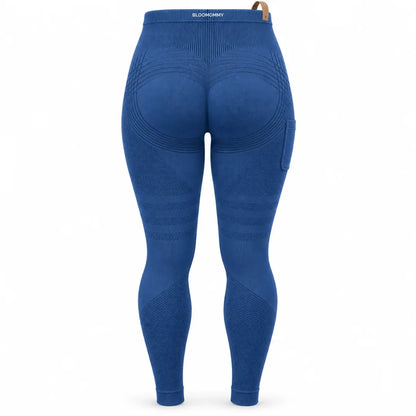 Blue maternity leggings, flat back